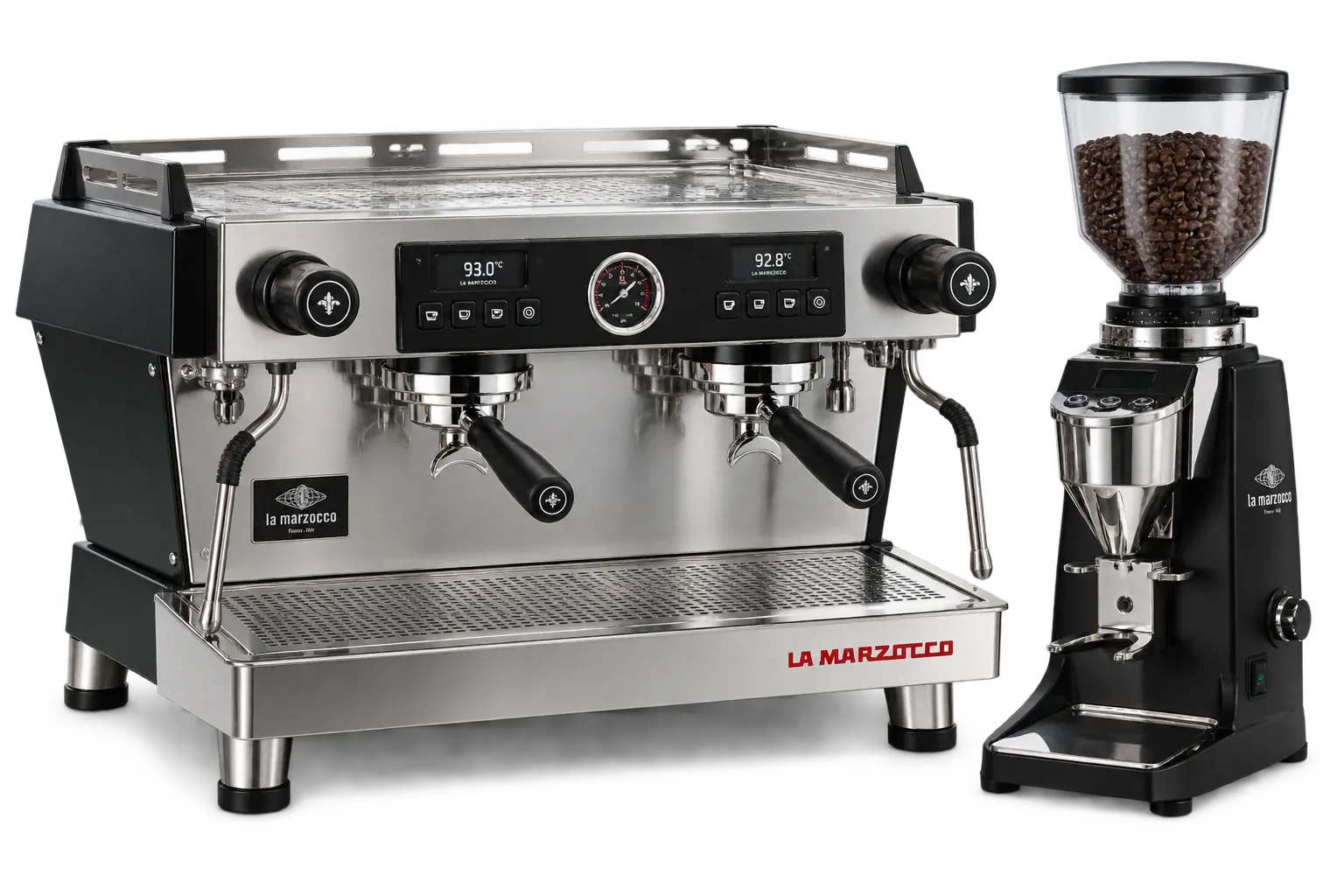 Stainless-steel La Marzocco Linea PB coffee machine and grinder — illustrative equipment graphic