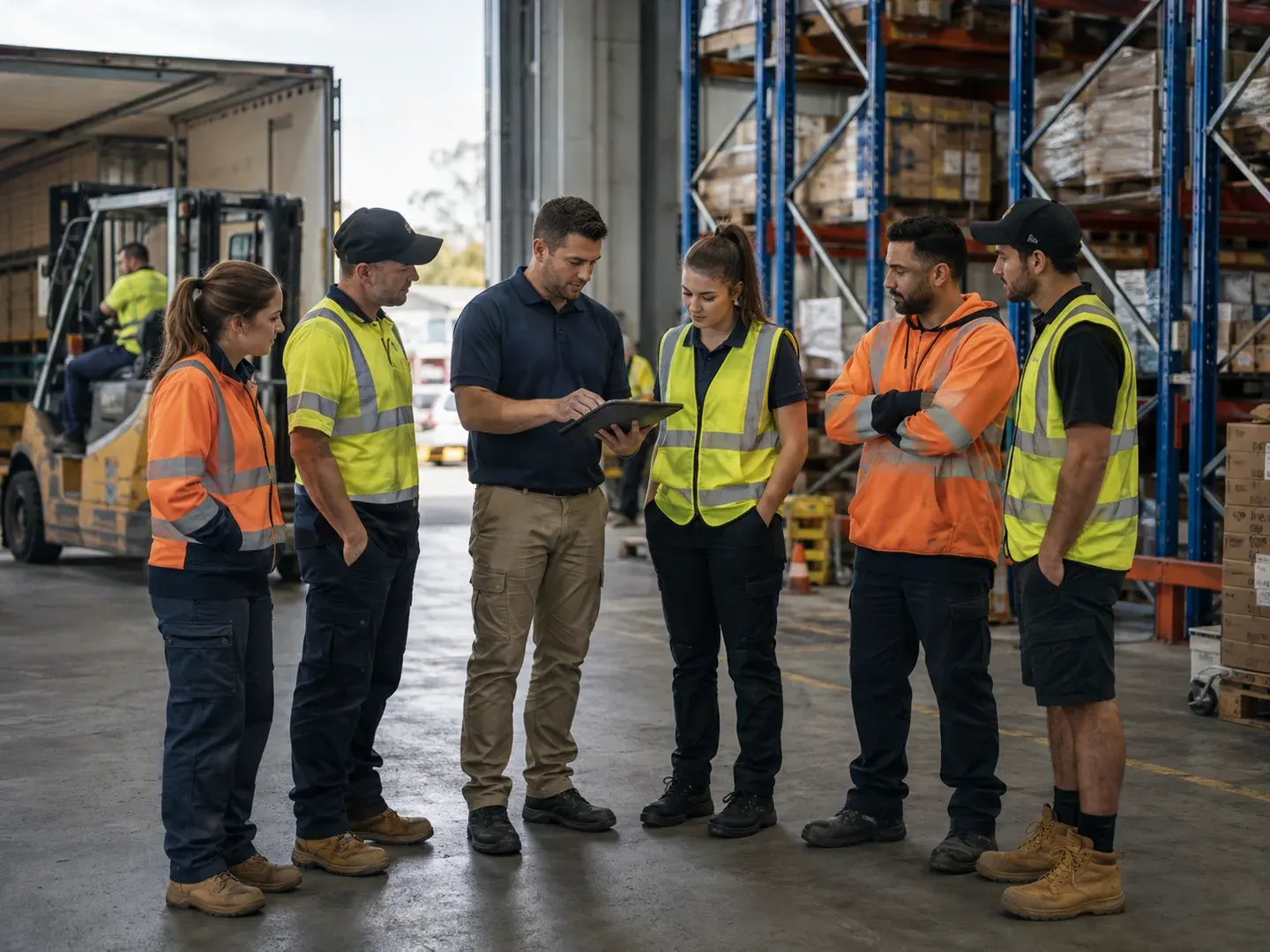 Illustrative scene: Australian logistics warehouse at the start of a shift: a labour-hire coordinator in a plain polo checking a tablet beside five warehouse workers in varied high-vis vests and work trousers, pallet racks and loading activity behind them. Not the actual customer or their asset.