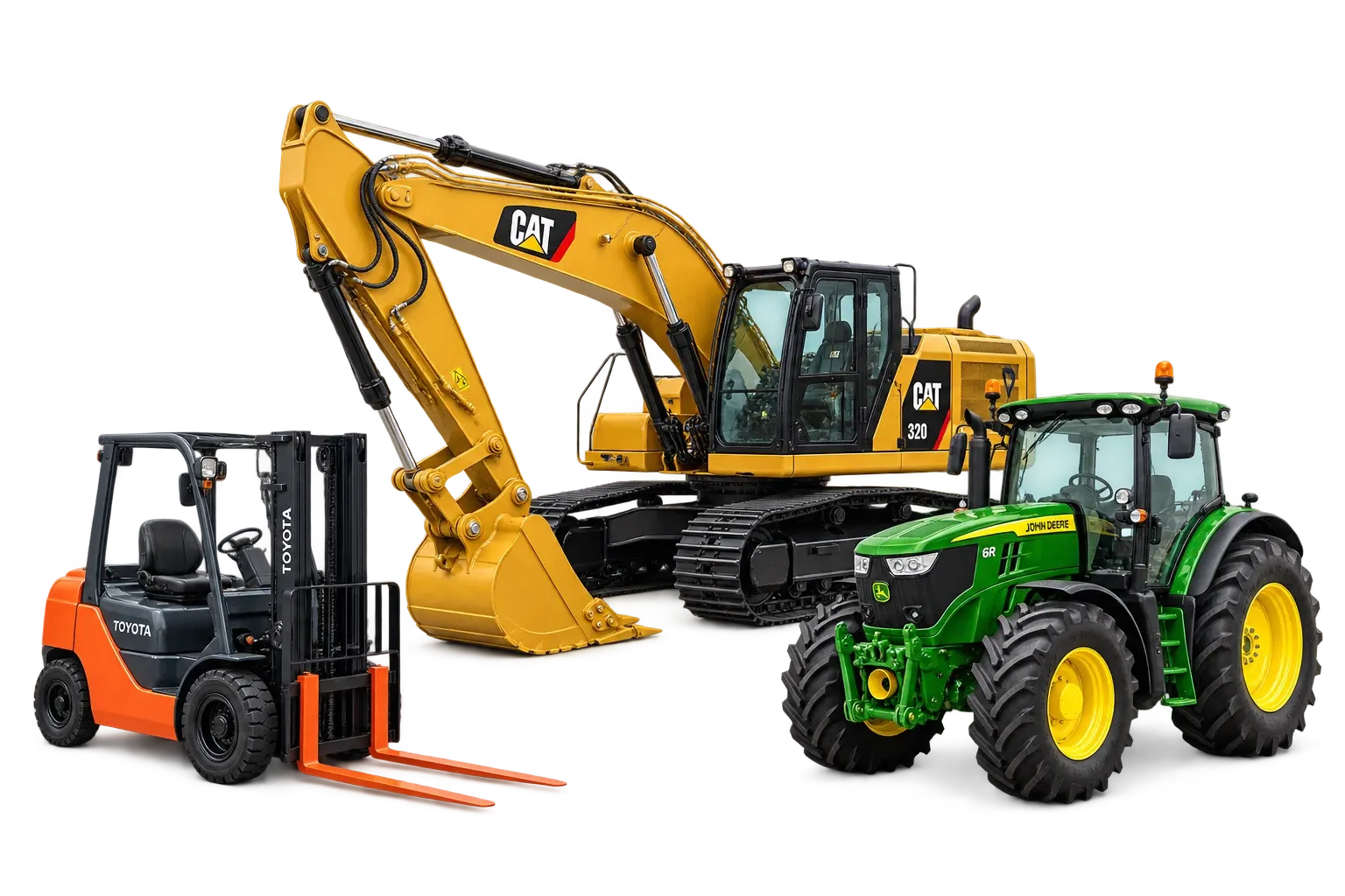 CAT excavator, Toyota forklift and John Deere tractor lineup — illustrative equipment graphic